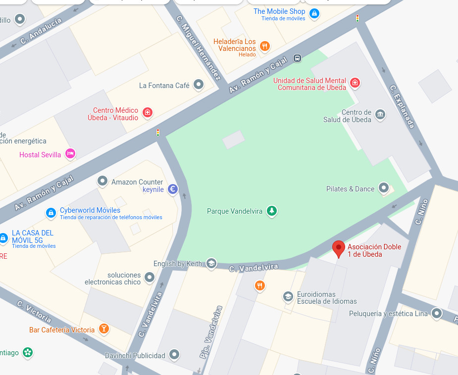 Mapa de ubicación del local Doble Uno en pasaje Aguilar Catena 1 de Úbeda (Jaén), junto a la calle y parque de Vandelvira.